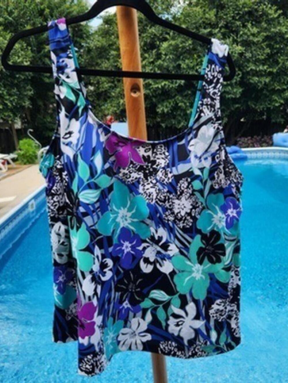 Maxine of Hollywood 24W $78 Blue Purple Tropical Floral Tankini Swim Top Plus